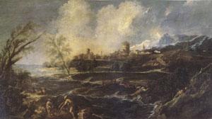 MAGNASCO, Alessandro Landscape with a Man Moving a barrel beside the Shore (mk05) oil painting picture
